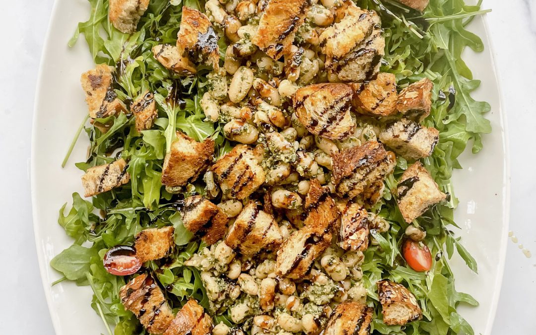 White Bean Pesto Salad with Garlic Croutons + Balsamic Glaze!